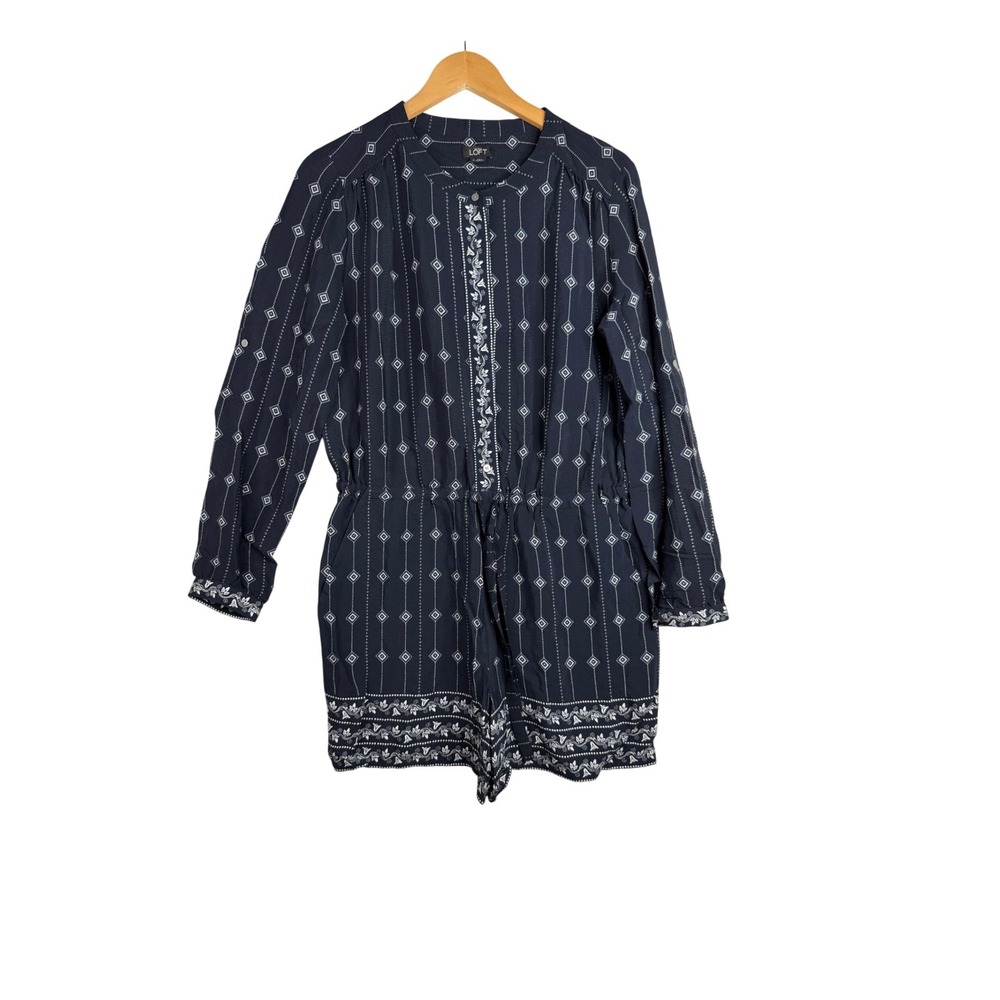 Loft Patterned Long Sleeve Button Down Romper size Medium Blue/White